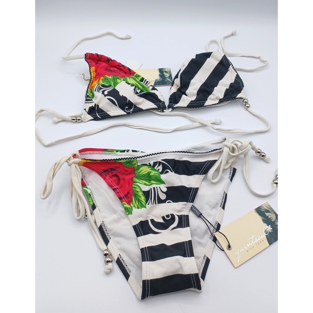 Quintsoul Pink Label 2 Piece Bikini Set Beaded‎ Halter Adjustable Bottom SMALL